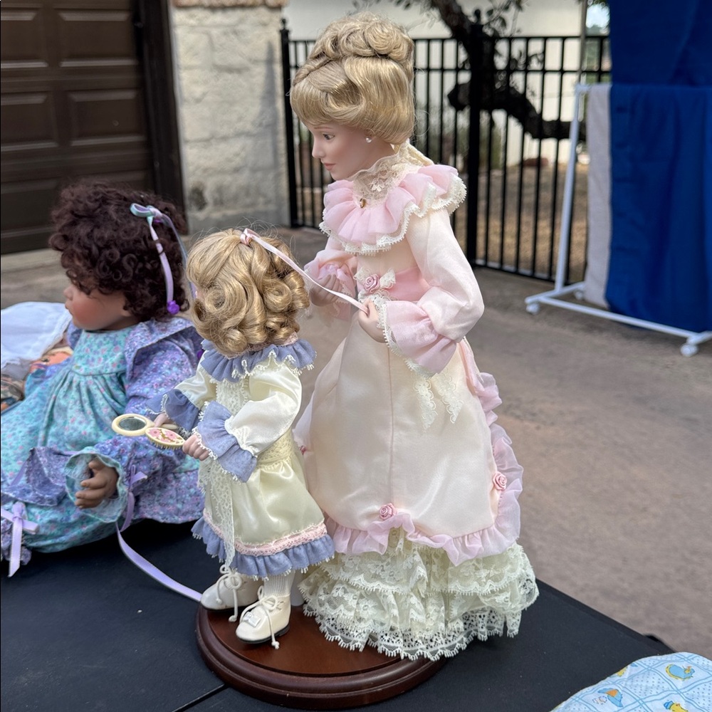 Victorian Style Porcelain Doll Set with Pink and Cream Dresses - Picture 2 of 8